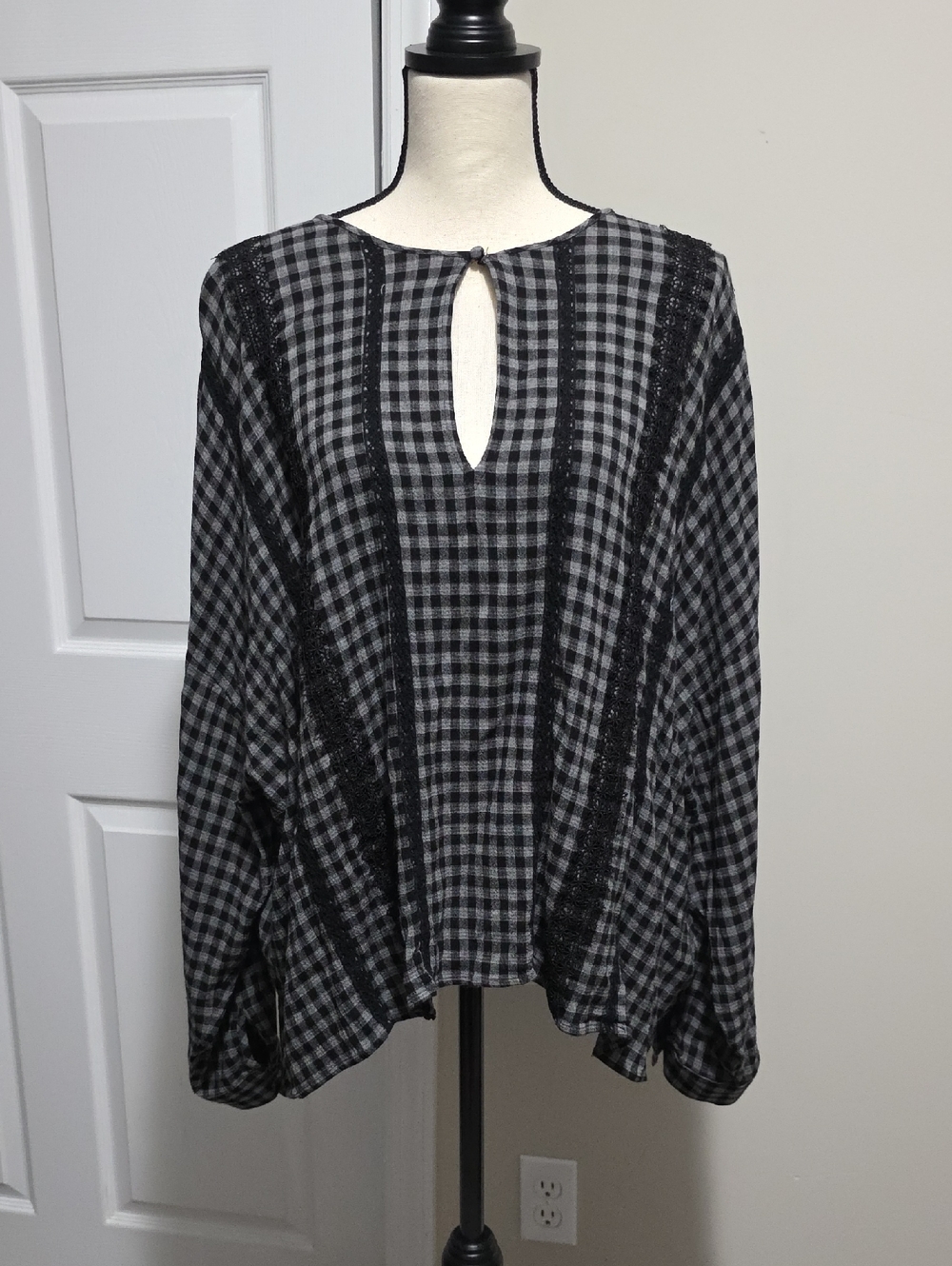 Zara Woman Oversized Lace, Gingham Print Shirt Top Sz M